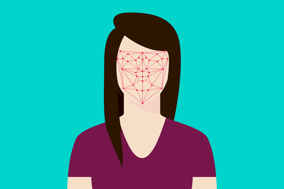 Drawing of woman with facial recognition pattern on her face